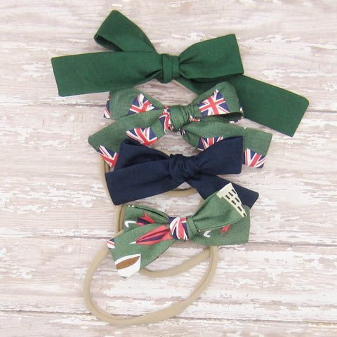 Set of 4 Fabric Bow Headbands in British Flag, Navy & Green