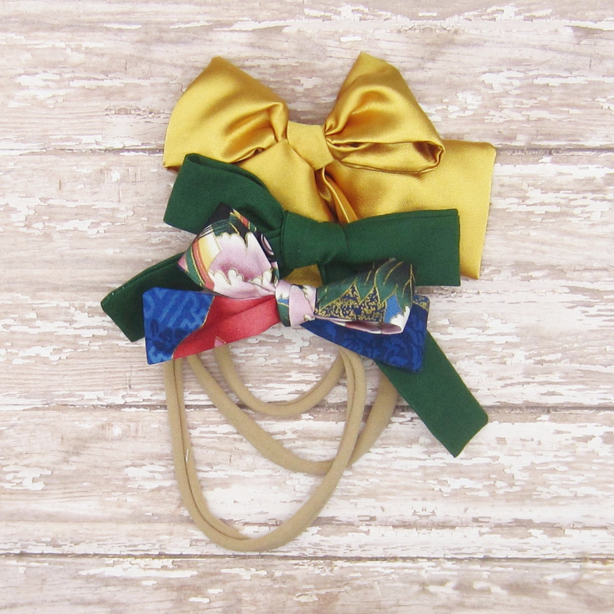 Set of 3 Fabric Bow Headbands in Navy, Green & Gold