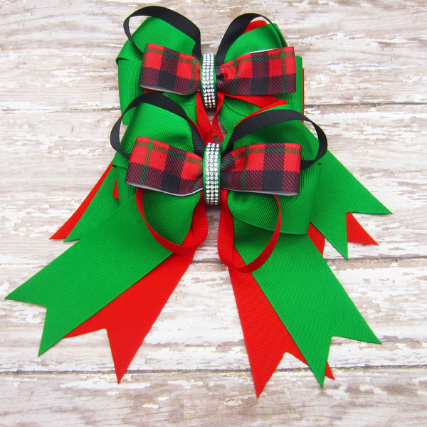 Red & Green Plaid Set of 2 Equestrian Hair Bows-Available on a French Barrette or Hair Clip