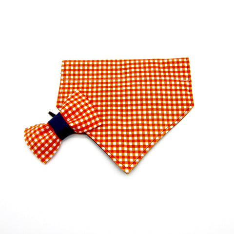 Orange Gingham and Navy Blue Pet Bandana or Bow Tie-4 Sizes Fits Over Collar