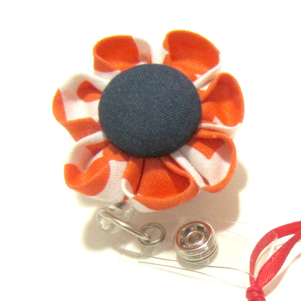 Orange Quatrefoil & Navy Blue Flower Retractable Badge Reel, ID Holder, Lanyard - Hold It!