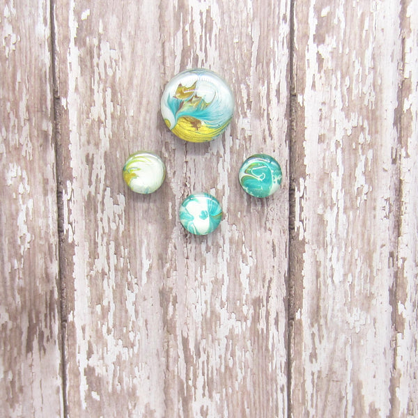 Set of 4 Handpainted Magnets -Turquoise, White & Gold