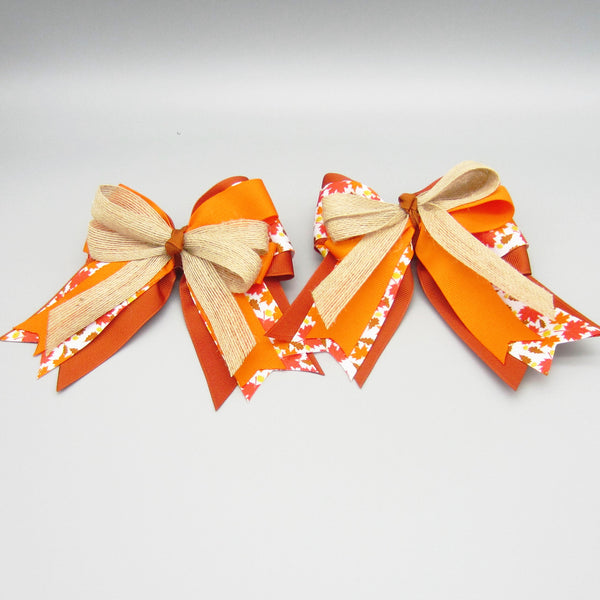 Red & Orange Fall Leaves Equestrian Hair Bows-Available on a French Barrette or Hair Clip