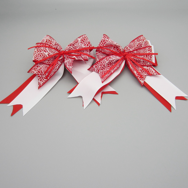 Red & White Floral Equestrian Hair Bows-Available on a French Barrette, or Hair Clip