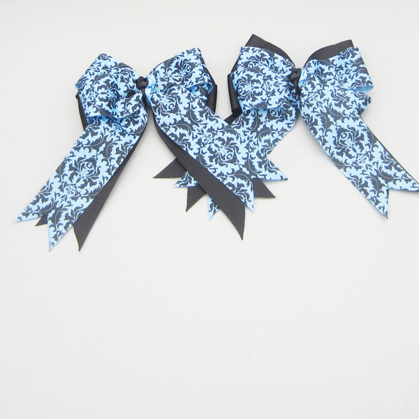 Blue & Black Damask Equestrian Hair Bows-Available on a French Barrette, Hair Clip, or Pony O