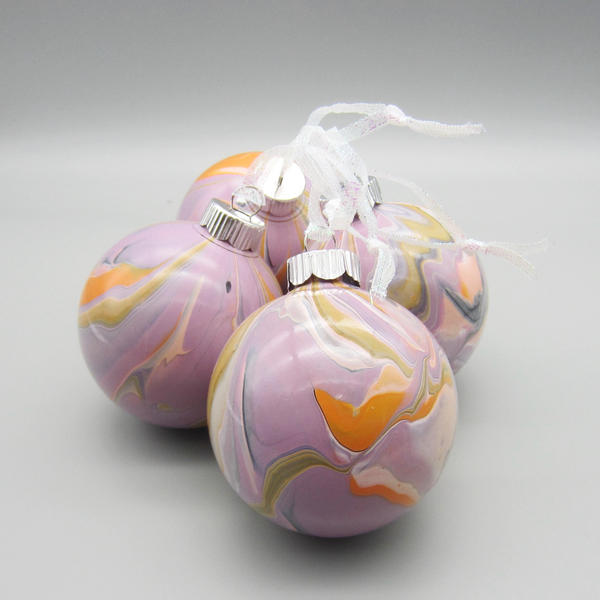 Set of 4 Hand Painted Pink, Orange, Lavender Christmas Ornaments