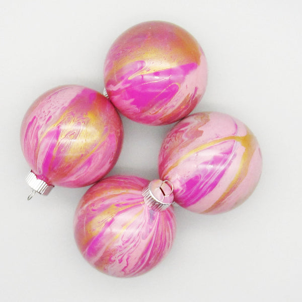 Set of 4 Hand Painted Pink Christmas Ornaments