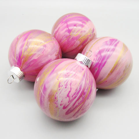 Set of 4 Hand Painted Pink Christmas Ornaments