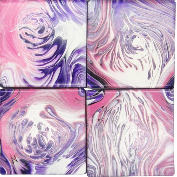 Hand Painted Coaster Set of 4 in Purple, Pink & White