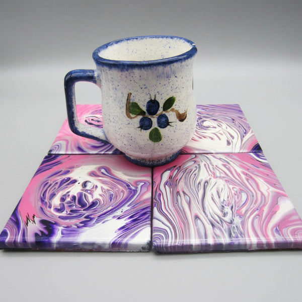 Hand Painted Coaster Set of 4 in Purple, Pink & White