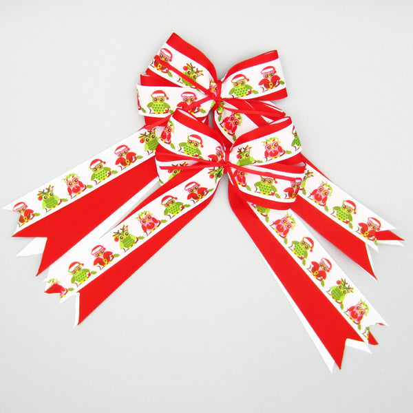 Red & White Christmas Owls Equestrian Hair Bows-Available on a French Barrette or Hair Clip