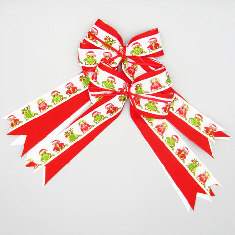 Red & White Christmas Owls Equestrian Hair Bows-Available on a French Barrette or Hair Clip