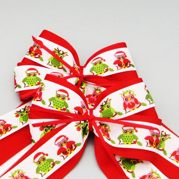 Red & White Christmas Owls Equestrian Hair Bows-Available on a French Barrette or Hair Clip