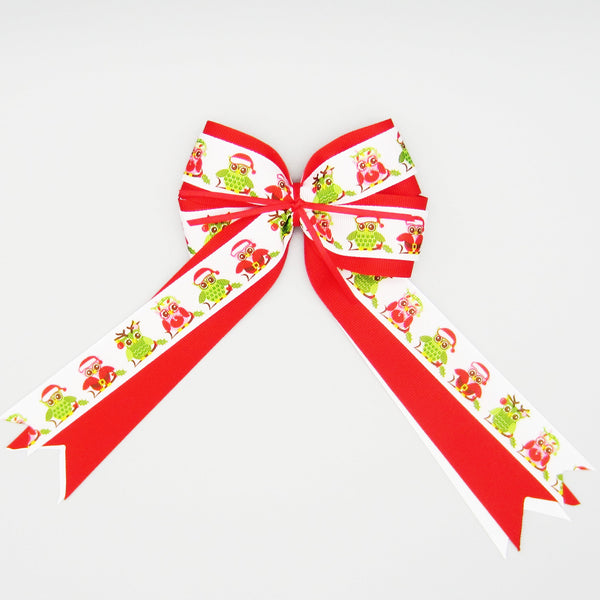 Red & White Christmas Owls Equestrian Hair Bows-Available on a French Barrette or Hair Clip