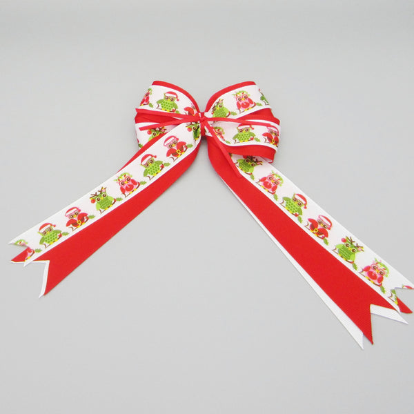 Red & White Christmas Owls Equestrian Hair Bows-Available on a French Barrette or Hair Clip