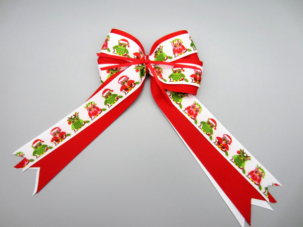 Red & White Christmas Owls Equestrian Hair Bows-Available on a French Barrette or Hair Clip