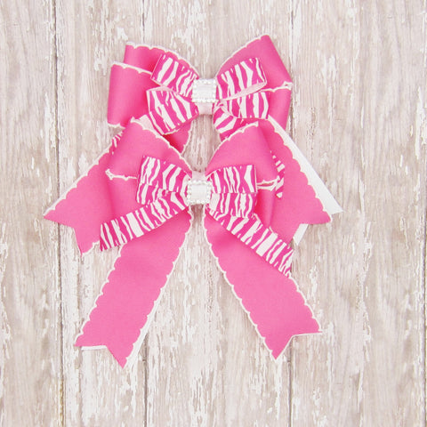 Set of 2 Hot Pink & White Zebra Equestrian Hair Bows-Available on a French Barrette, or Hair Clip