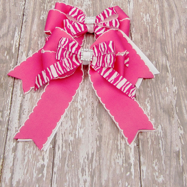 Set of 2 Hot Pink & White Zebra Equestrian Hair Bows-Available on a French Barrette, or Hair Clip