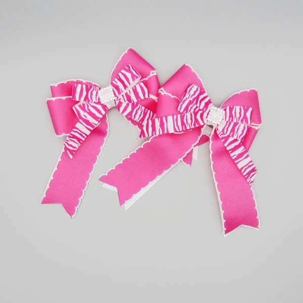 Set of 2 Hot Pink & White Zebra Equestrian Hair Bows-Available on a French Barrette, or Hair Clip