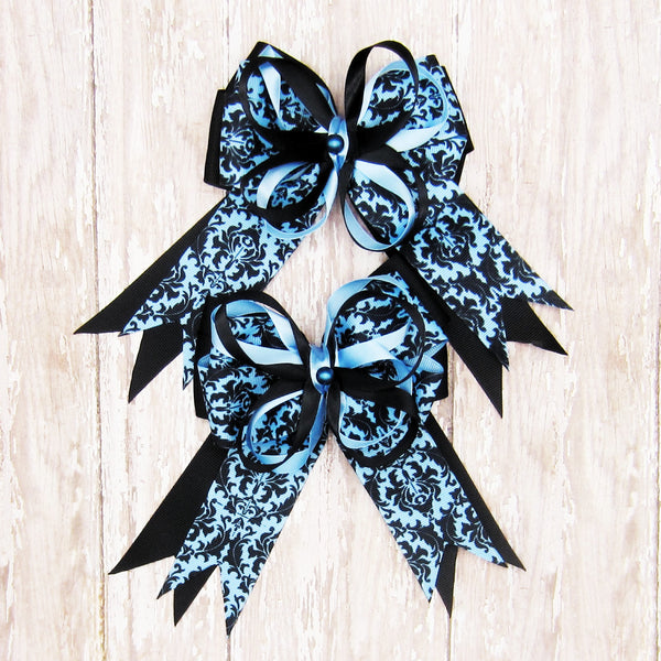 Blue & Black Damask Equestrian Hair Bows-Available on a French Barrette or Hair Clip