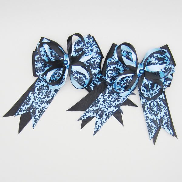 Blue & Black Damask Equestrian Hair Bows-Available on a French Barrette or Hair Clip