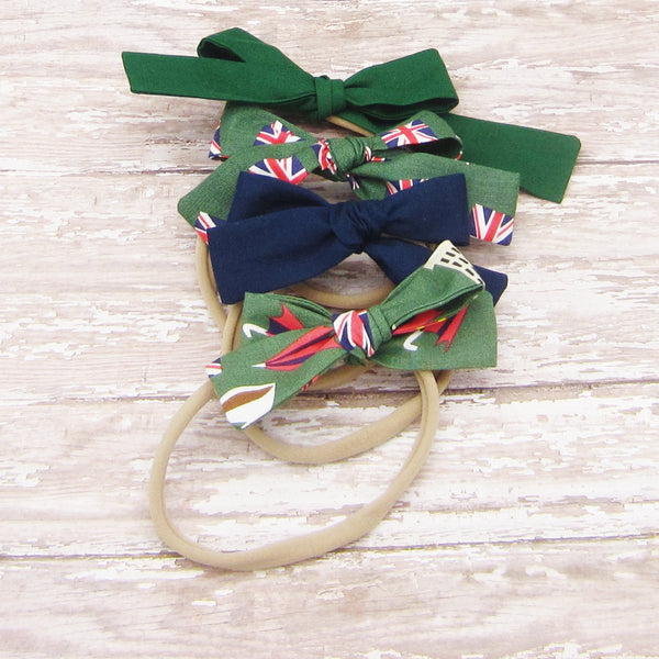 Set of 4 Fabric Bow Headbands in British Flag, Navy & Green