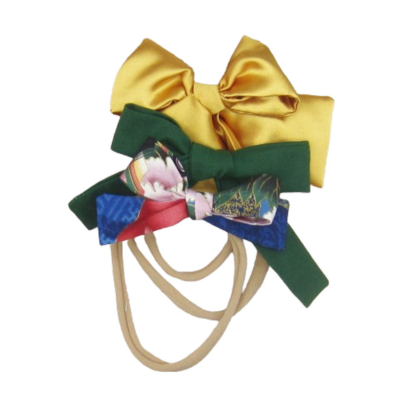 Set of 3 Fabric Bow Headbands in Navy, Green & Gold