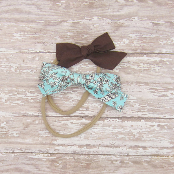 Set of 2 Fabric Bow Headbands in Turquoise and Brown