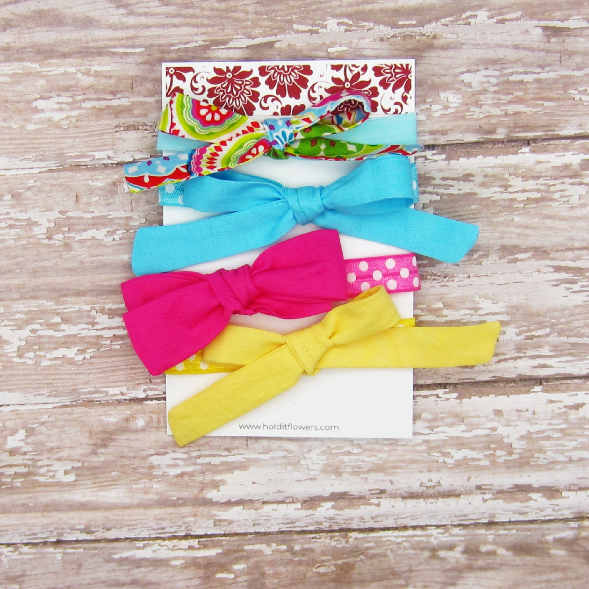 Set of 4 Fabric Bow Headbands in Blue, Hot Pink & Yellow