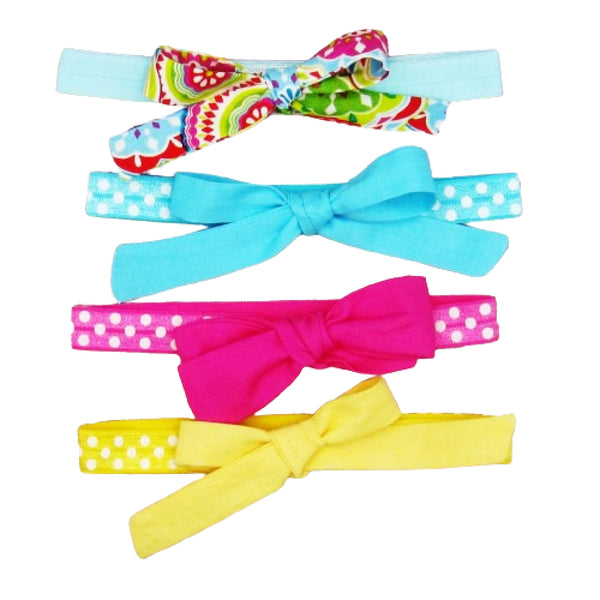 Set of 4 Fabric Bow Headbands in Blue, Hot Pink & Yellow