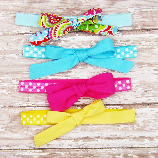 Set of 4 Fabric Bow Headbands in Blue, Hot Pink & Yellow