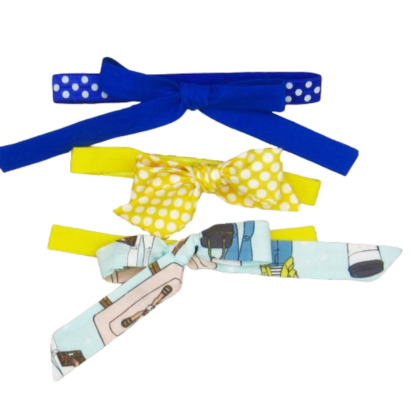 Set of 3 Fabric Bow Headbands in Royal Blue and Yellow Polka Dot