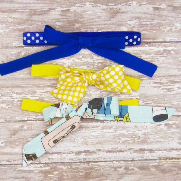 Set of 3 Fabric Bow Headbands in Royal Blue and Yellow Polka Dot