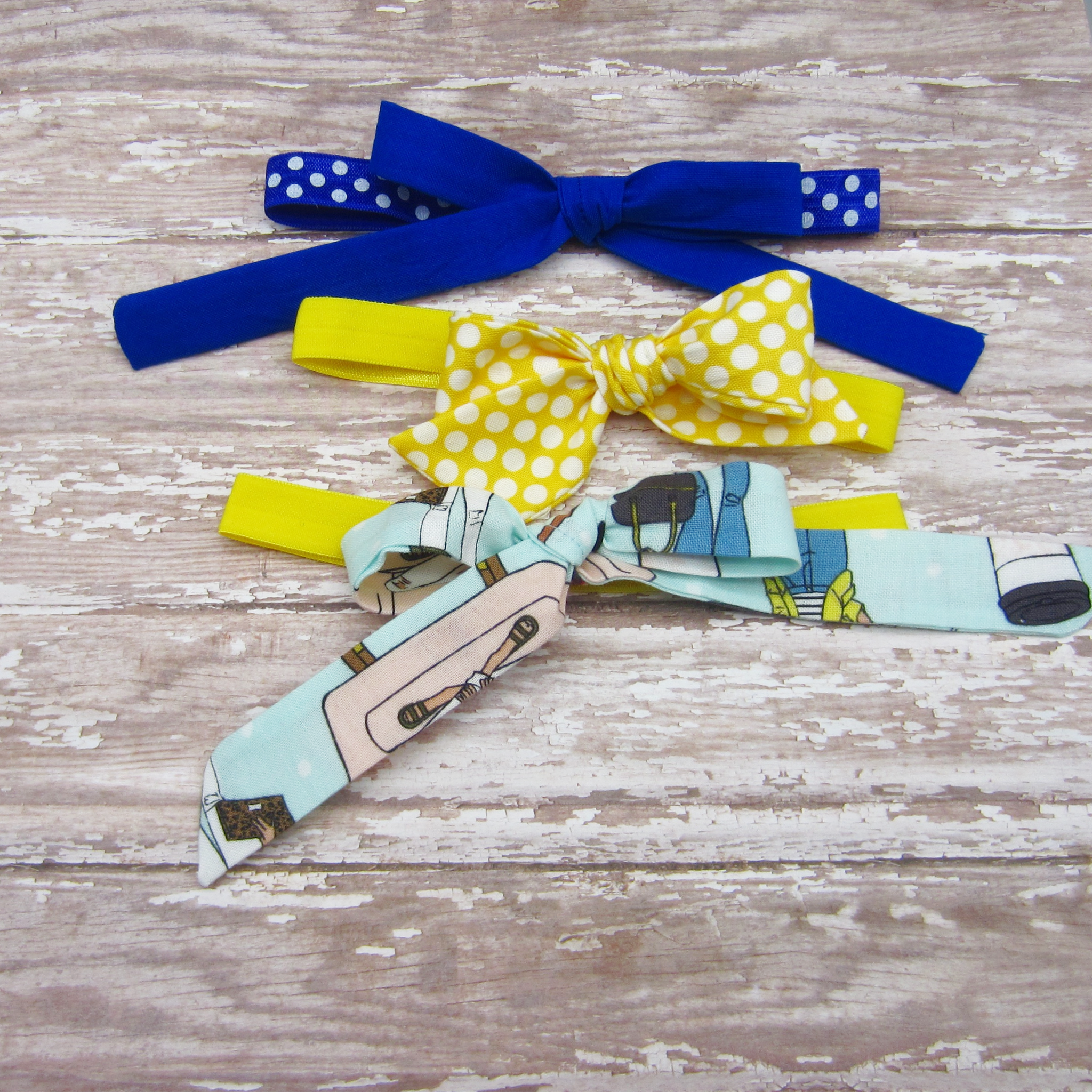 Set of 3 Fabric Bow Headbands in Royal Blue and Yellow Polka Dot