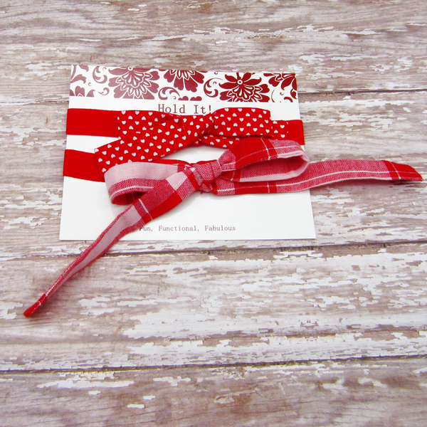 Set of 2 Fabric Bow Headbands in Red Hearts & Red Plaid