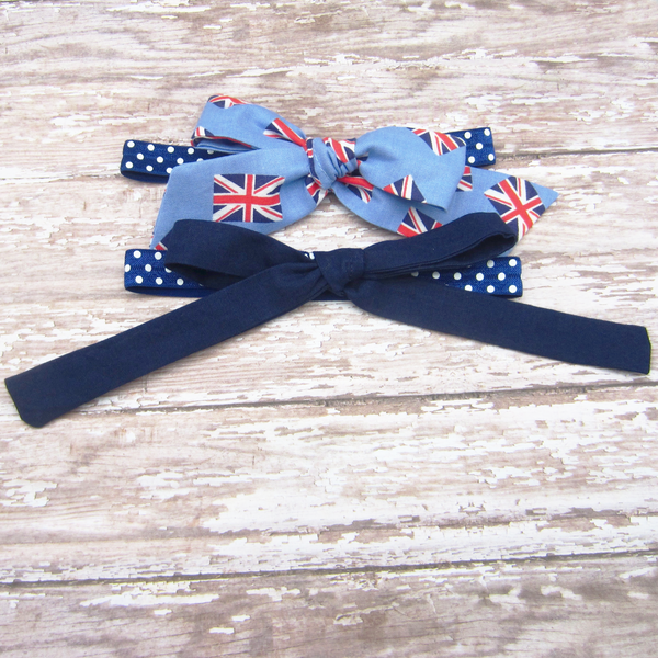 Set of 2 Fabric Bow Headbands in Blue Union Jack and Navy
