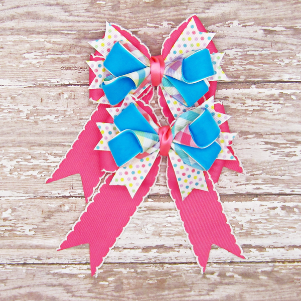 Pink & Turquoise Set of 2 Equestrian Hair Bows-Available on a French Barrette or Hair Clip