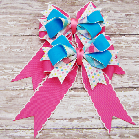 Pink & Turquoise Set of 2 Equestrian Hair Bows-Available on a French Barrette or Hair Clip