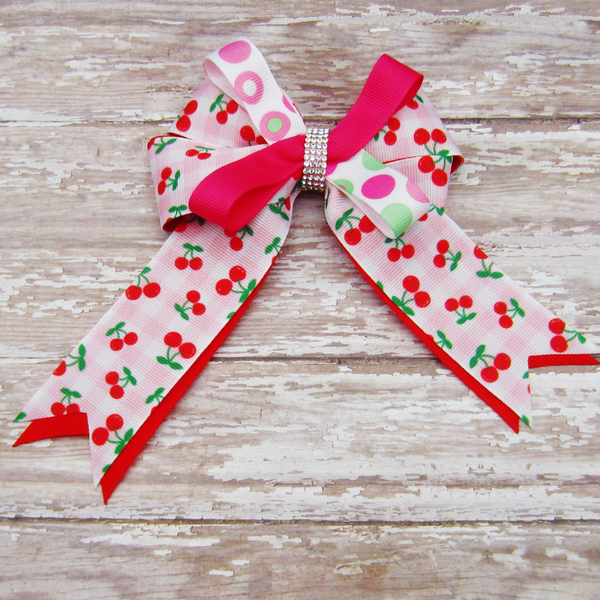 Cherries Jubilee Set of 2 Equestrian Hair Bows-Available on a French Barrette or Hair Clip