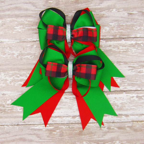 Red & Green Plaid Set of 2 Equestrian Hair Bows-Available on a French Barrette or Hair Clip