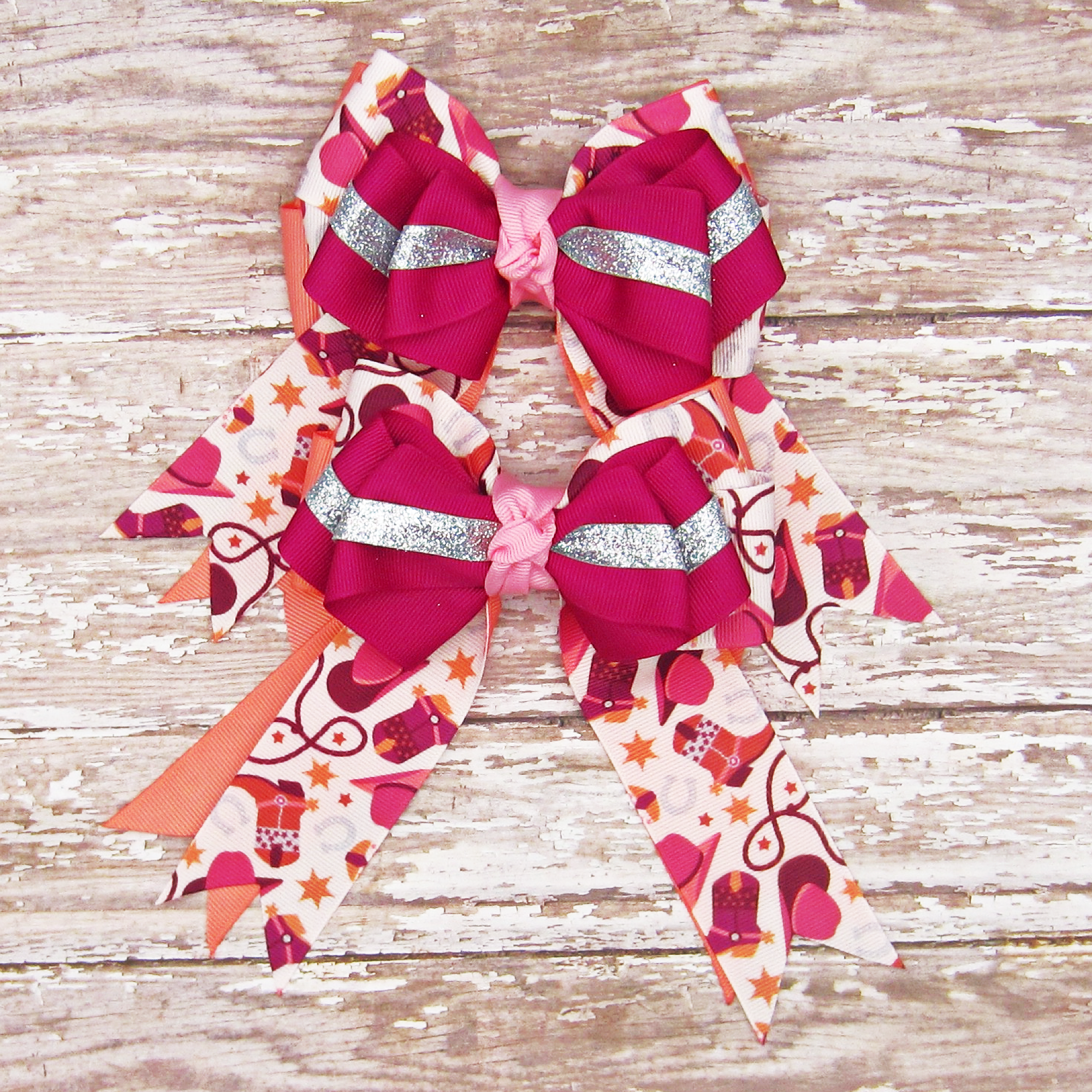 Rodeo Ready Set of 2 Equestrian Hair Bows-Available on a French Barrette or Hair Clip