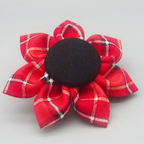 Red & Black Tartan Plaid Flower For Pet Collar-4 Sizes