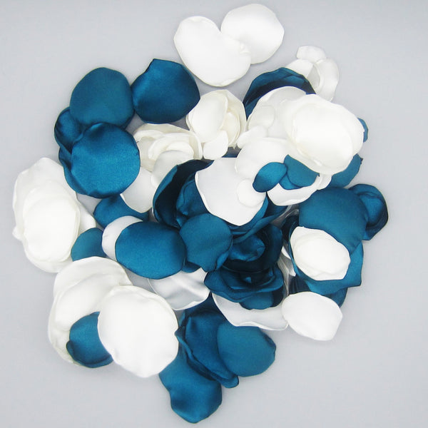 50 Teal & Ivory Satin Flower Petals For Wedding Decor