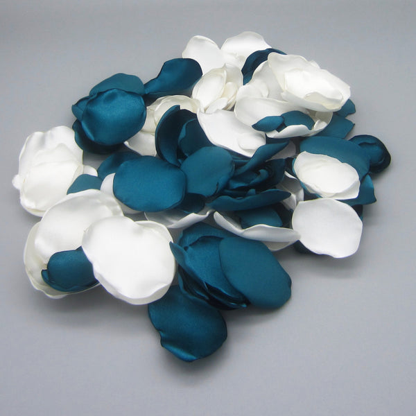 50 Teal & Ivory Satin Flower Petals For Wedding Decor