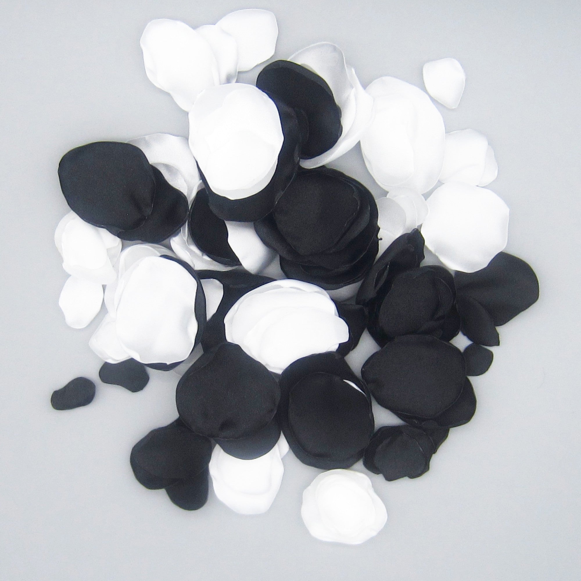 50 Black & White Satin Flower Petals For Wedding Decor