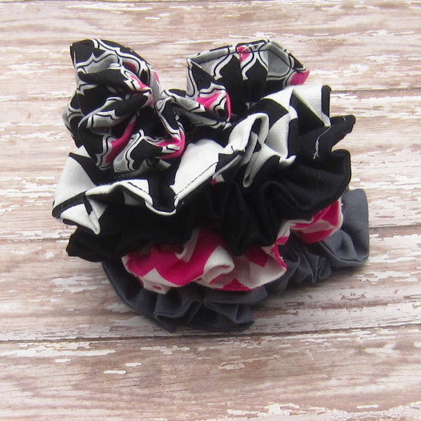 Set of 5 Black & Hot Pink Scrunchies