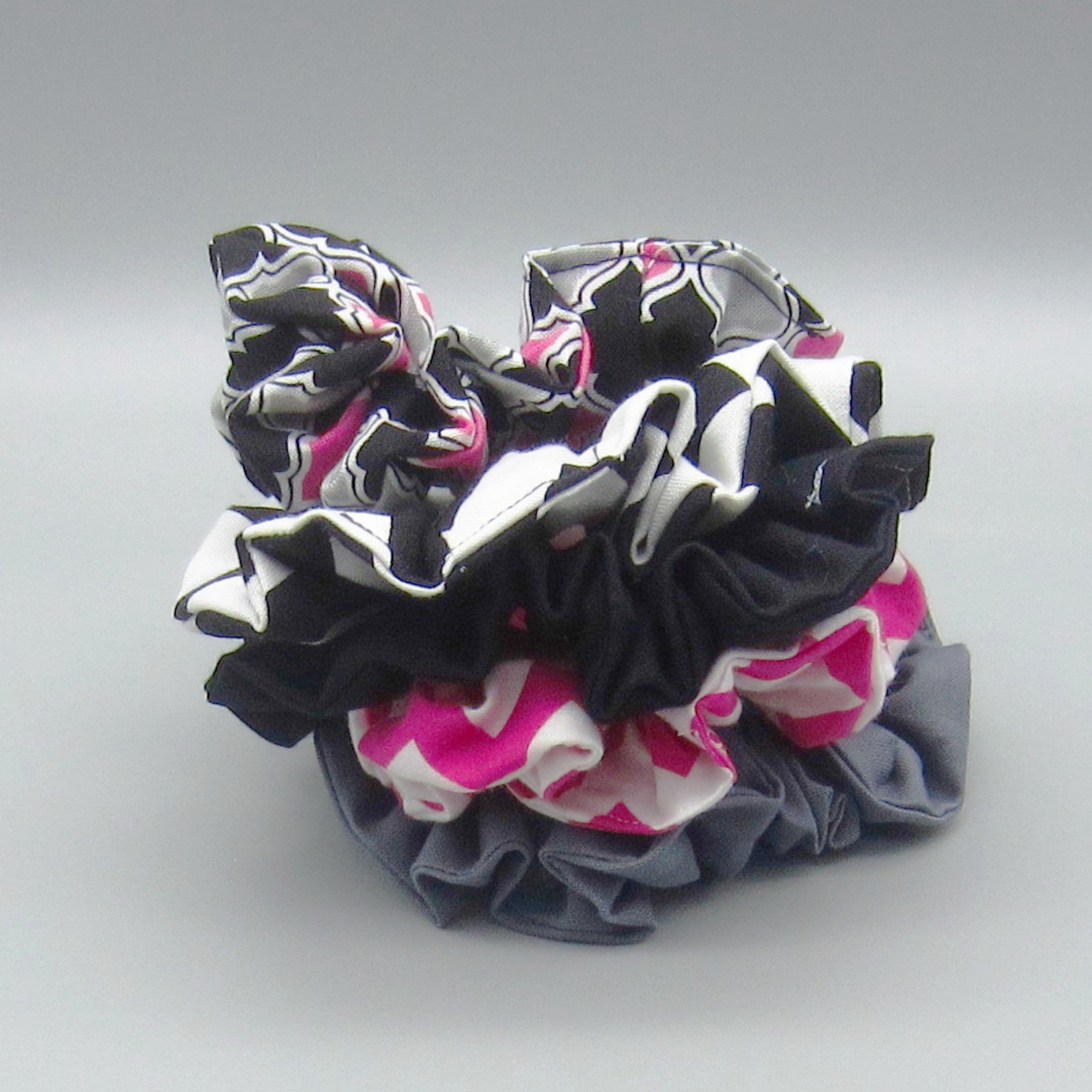 Set of 5 Black & Hot Pink Scrunchies