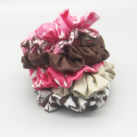 Set of 6 Brown & Pink Scrunchies