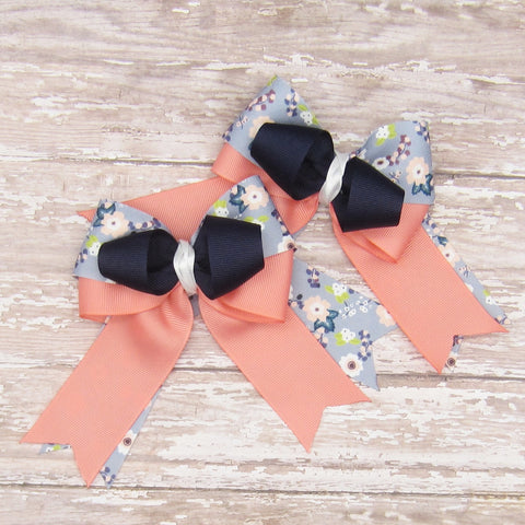 Blue & Peach Floral Equestrian Hair Bows-Available on a French Barrette or Hair Clip