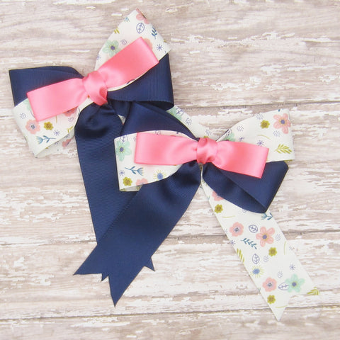 Navy & Pink Floral Equestrian Hair Bows-Available on a French Barrette, or Hair Clip